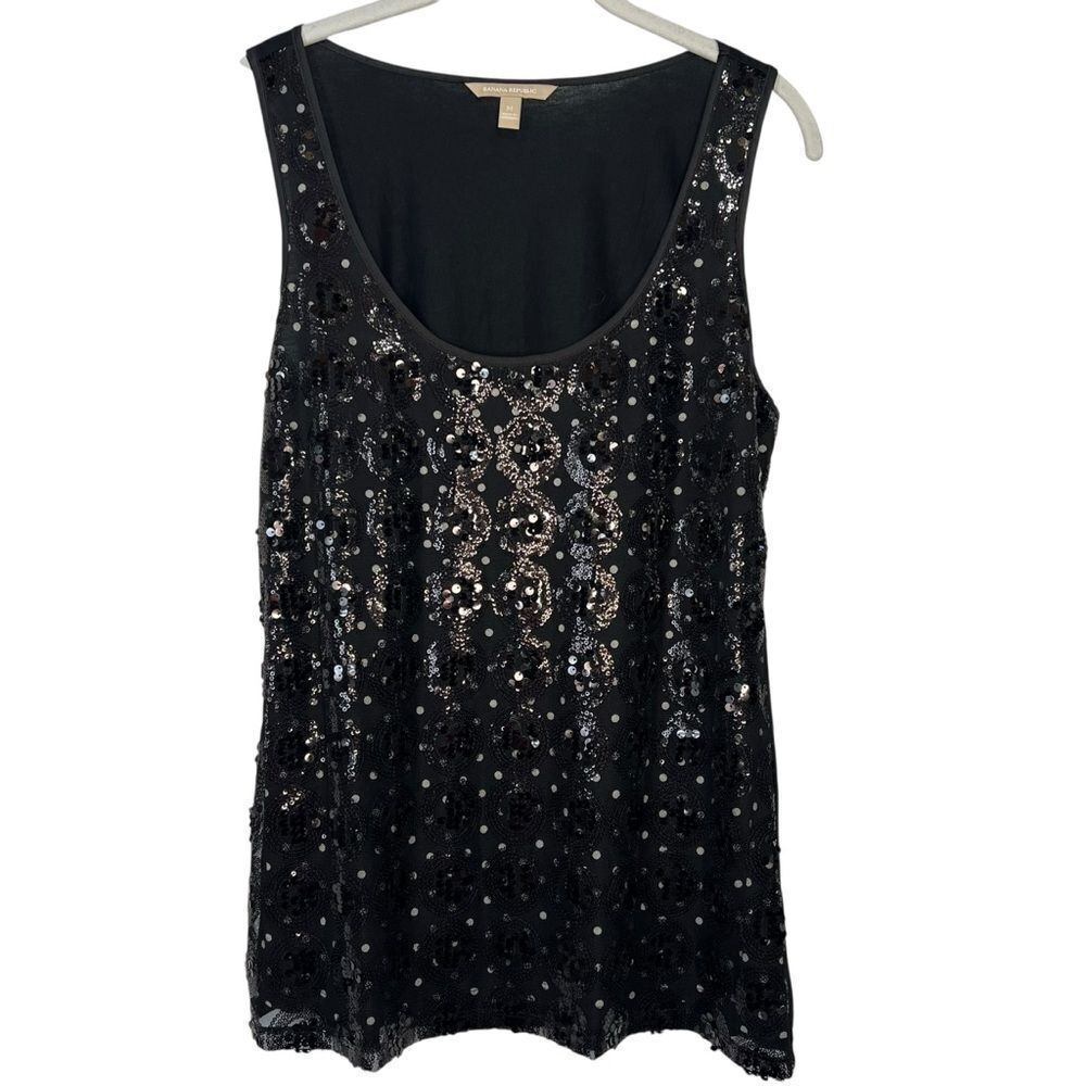 Banana Republic Black Sequined Polka Dot Tank Top size Medium Knit Stretch Party